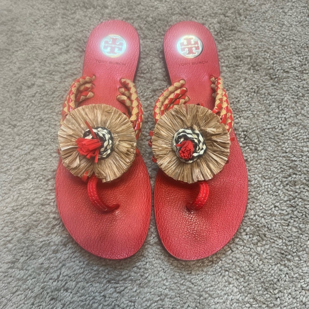 Tory Burch Red Sandals with Woven Accents